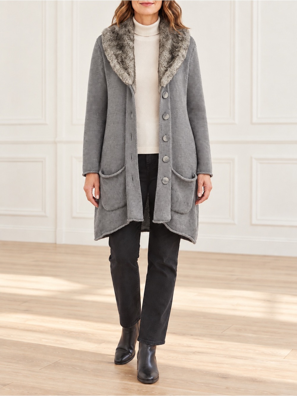 J. Jill Sweater Coat Size XL Dark Gray Heather Angora Cotton Faux Fur Collar NWT